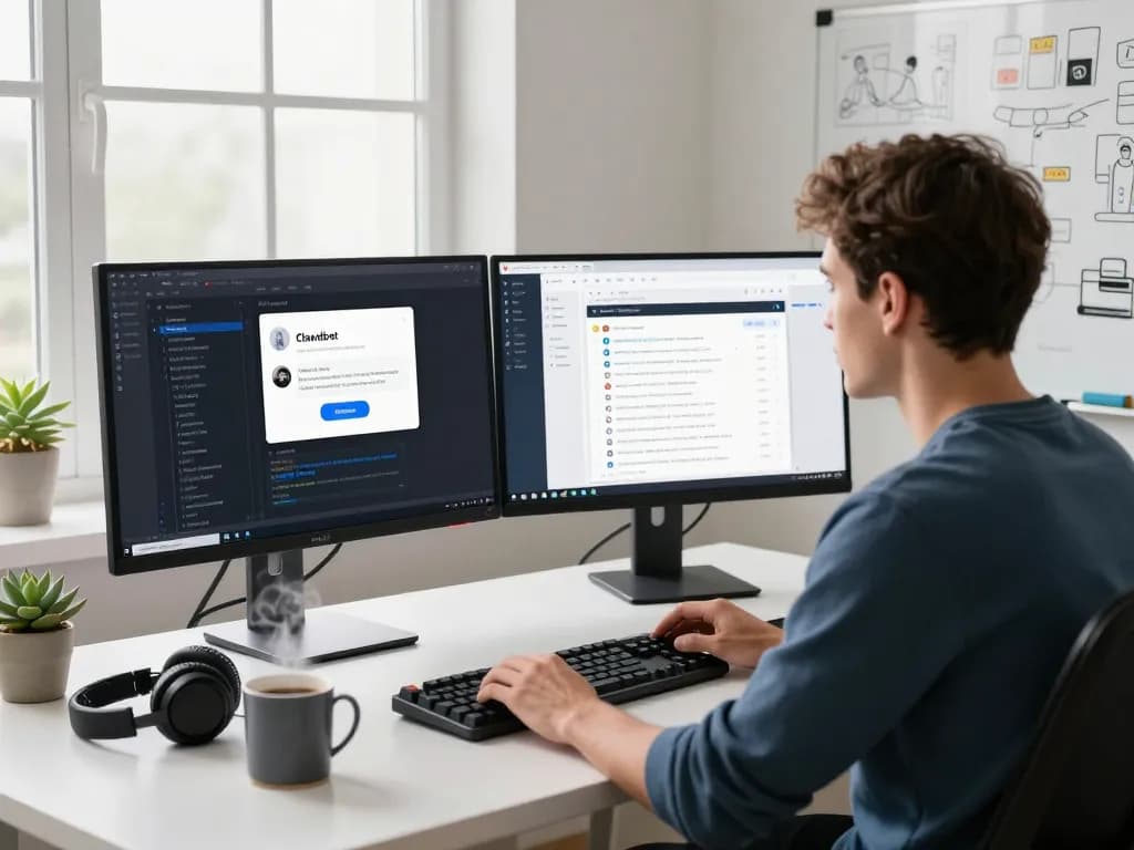 Clawdbot mac workspace with developer using AI assistant on dual monitors, reflecting productivity and modern tech.