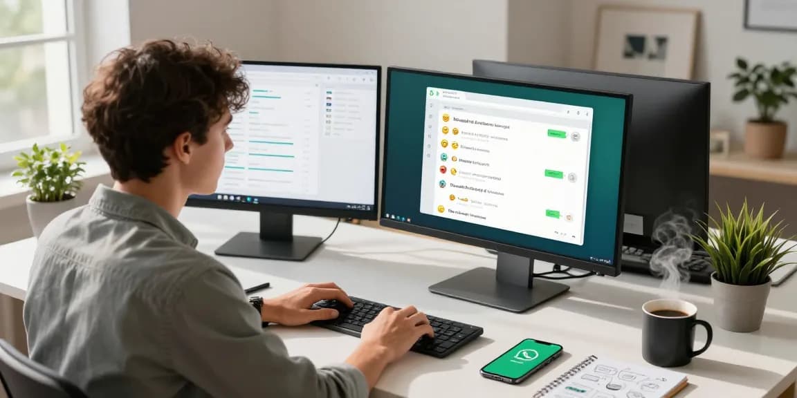 Young professional engaging with WhatsApp電腦版 in a modern office setting.
