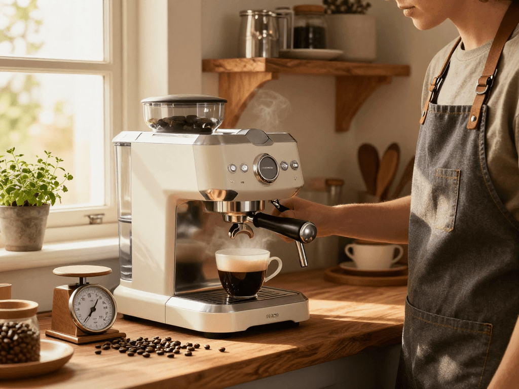 Barista using ROKOK88 Espresso Machine at https://januscoffee.com with coffee beans and espresso cup in warm kitchen light.