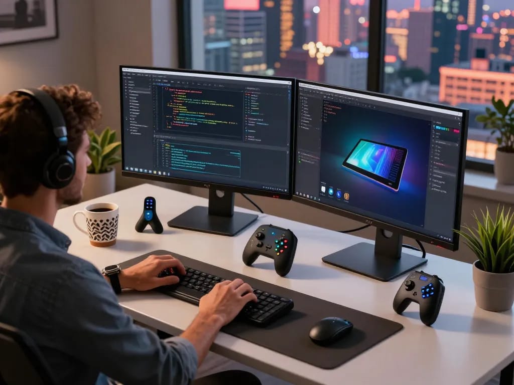 Discover unique tech gadgets in a modern workspace with vibrant coding setup.
