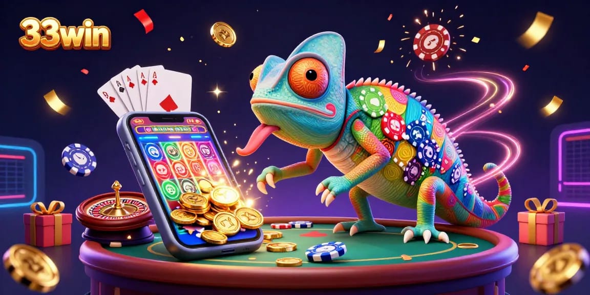 Engage in exciting games at 33win with a vibrant chameleon casino owner and dynamic winning elements.