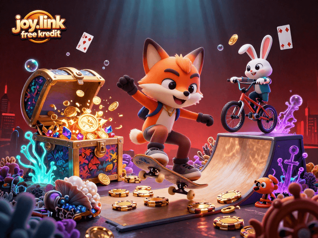 Experience joy.link free kredit with our vibrant casino-themed 3D illustration showcasing fun gaming elements and colorful characters.