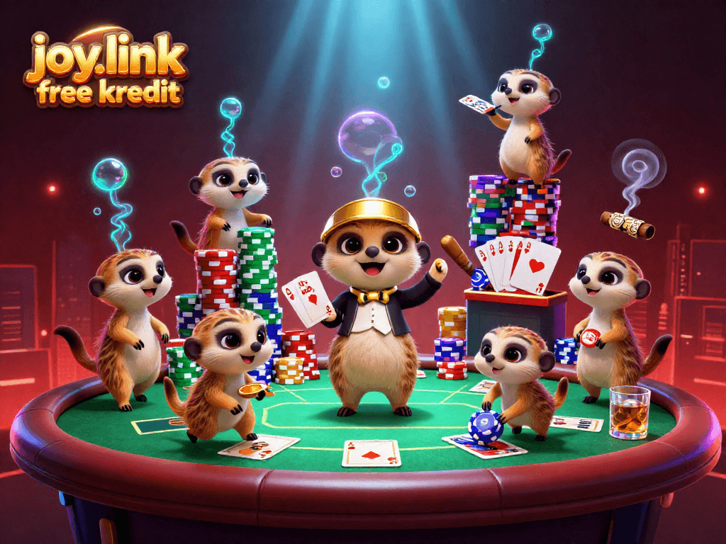 Experience the joy.link free kredit scene with meerkats managing a vibrant casino operation filled with poker action.