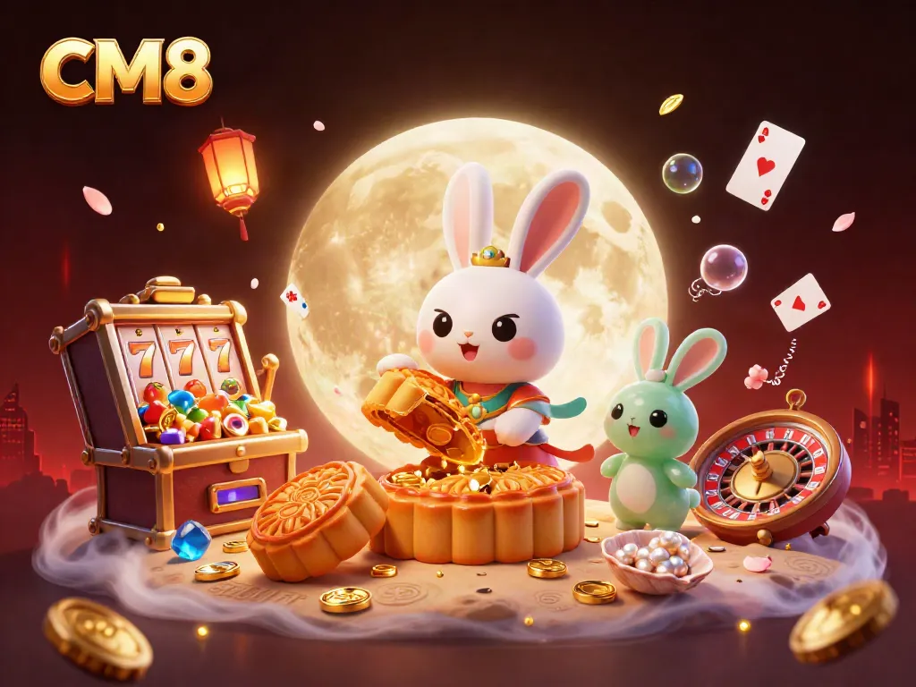 CM8 offers exciting slots and casino games in a vibrant 3D scene featuring festive elements.