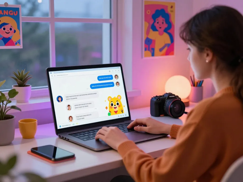 Engaging AI chat nsfw scene with user interacting in cozy setup, showcasing vibrant animated characters.