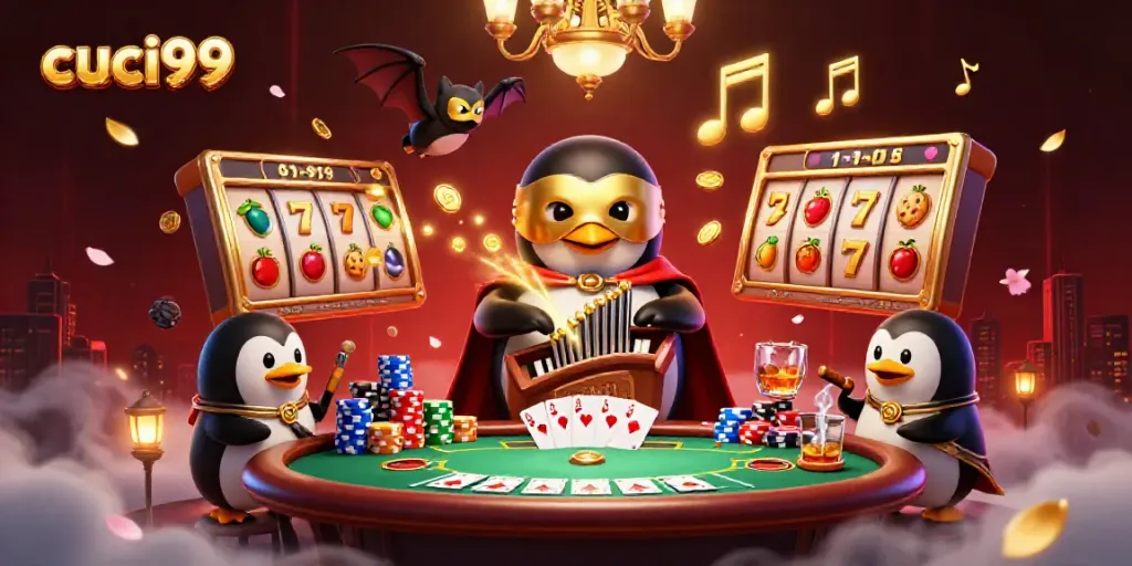 Experience thrilling wins at cuci99 with a vibrant 3D casino scene, featuring a penguin organist and more!