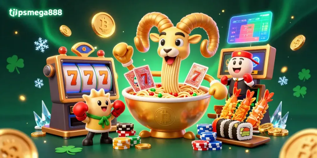 Experience exciting tips mega888 strategies with a dynamic scene involving vibrant casino-themed characters.
