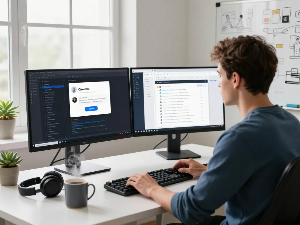 Clawdbot mac workspace with developer using AI assistant on dual monitors, reflecting productivity and modern tech.