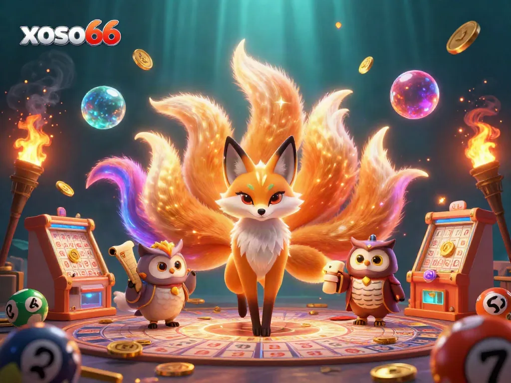 Engage in thrilling lottery games with xoso66's dazzling nine-tailed fox spirit and glowing orbs.
