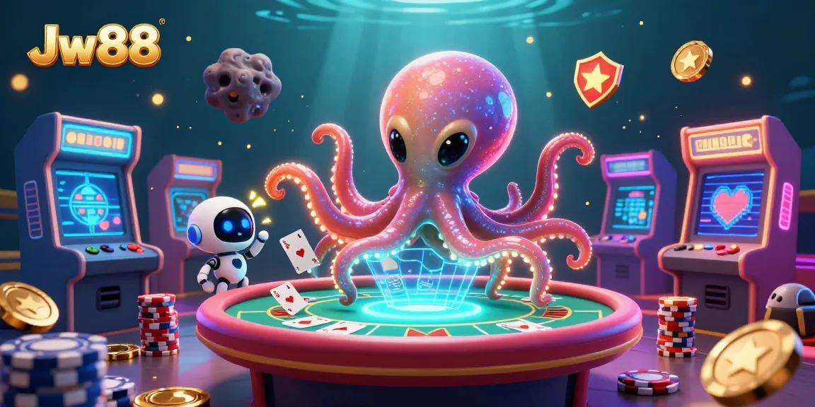 Experience thrilling Jw88 gaming with an alien octopus and robot at a holographic poker table.