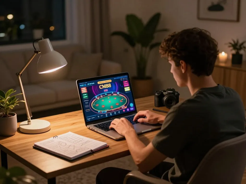 Engaging in a CM88 online poker game at home with strategic notes visible.