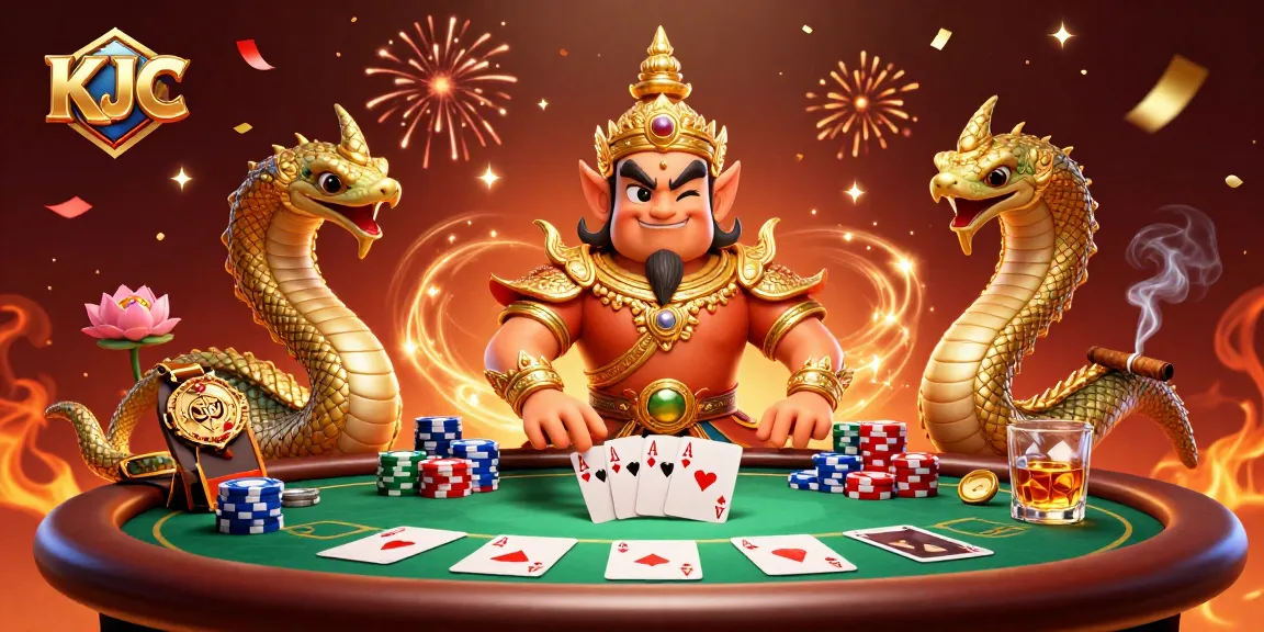 KJC showcases a vibrant 3D casino scene featuring a Thai guardian and Naga with poker elements.