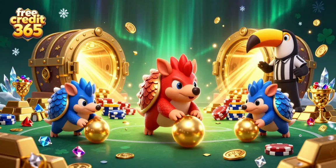 Engage in thrilling play at free credit 365 with pangolins rolling golden balls in a vibrant casino setting.