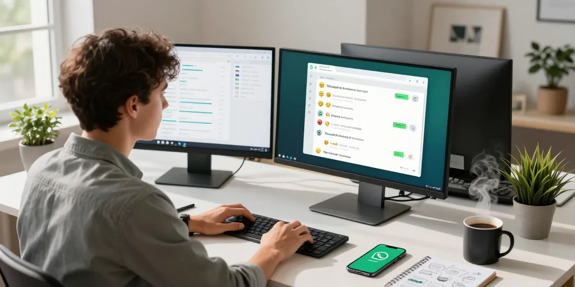 Young professional engaging with WhatsApp電腦版 in a modern office setting.