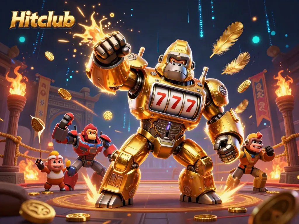 Experience Hitclub's gaming thrill with a dynamic gorilla mech and vibrant casino elements.