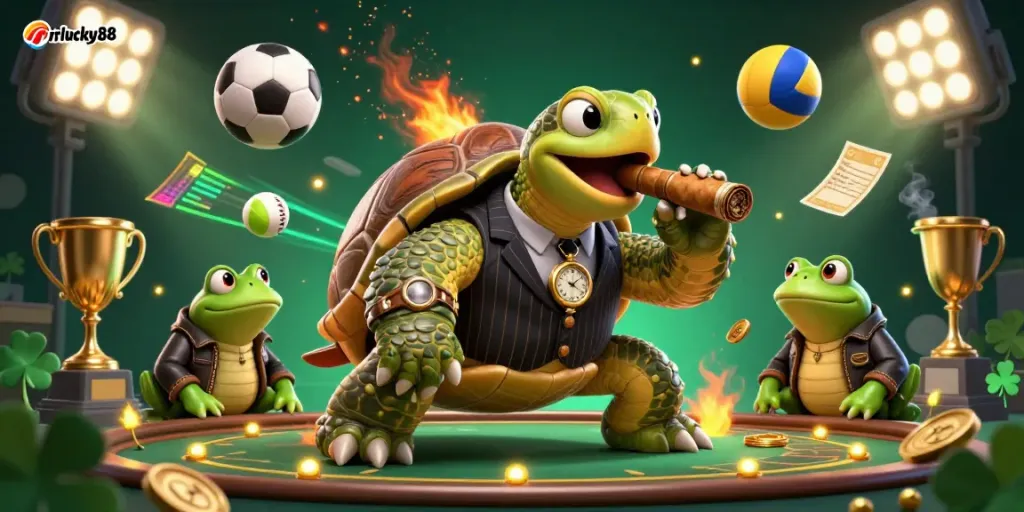 Join the excitement at mrlucky88 with a fun 3D illustration of an action-packed casino scene featuring a turtle mobster and lively sports elements.