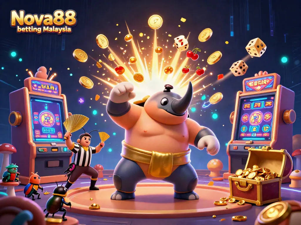 Engaging scene of a rhinoceros beetle sumo champion amidst the vibrant action of Nova88 betting Malaysia, showcasing excitement.
