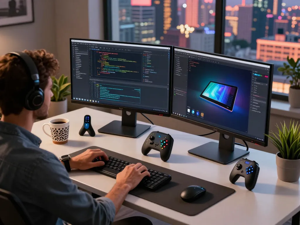 Discover unique tech gadgets in a modern workspace with vibrant coding setup.