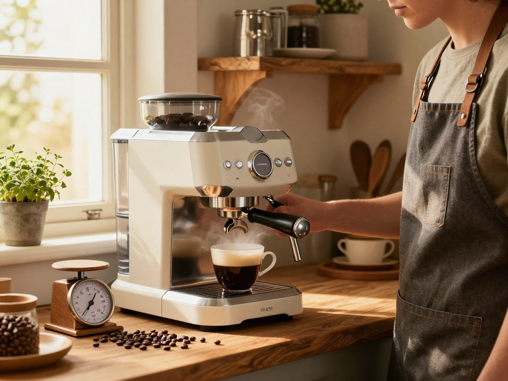 Barista using ROKOK88 Espresso Machine at https://januscoffee.com with coffee beans and espresso cup in warm kitchen light.