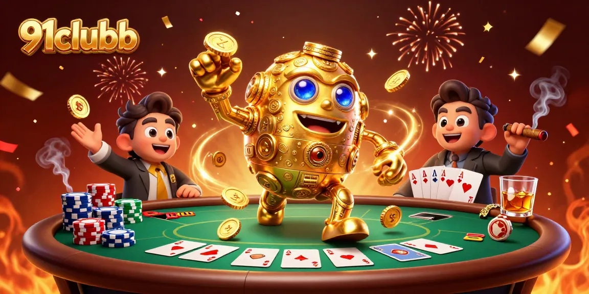 91clubb showcasing a gold coin golem surrounded by poker chips and cards in a vibrant casino scene.