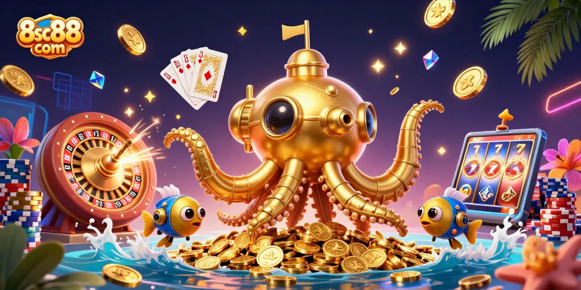 Experience the excitement of gaming on 8sc88 com with vibrant 3D illustrations of gold coins, slot machines, and poker chips.