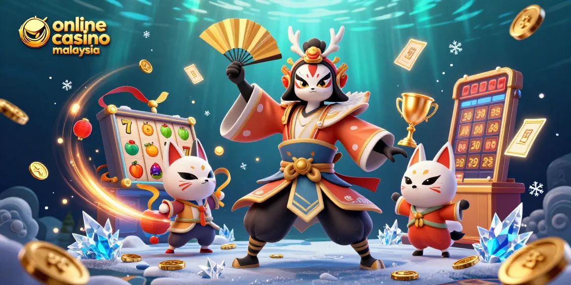 Immerse in the excitement of online casino Malaysia with a vibrant 3D scene featuring slot games and dynamic characters.