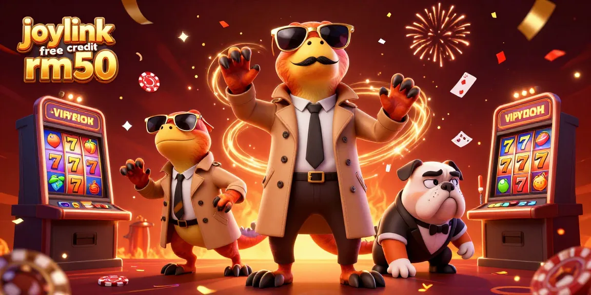 Engage with the joylink free credit rm50 offer in this vibrant 3D casino illustration featuring raptors in disguise.