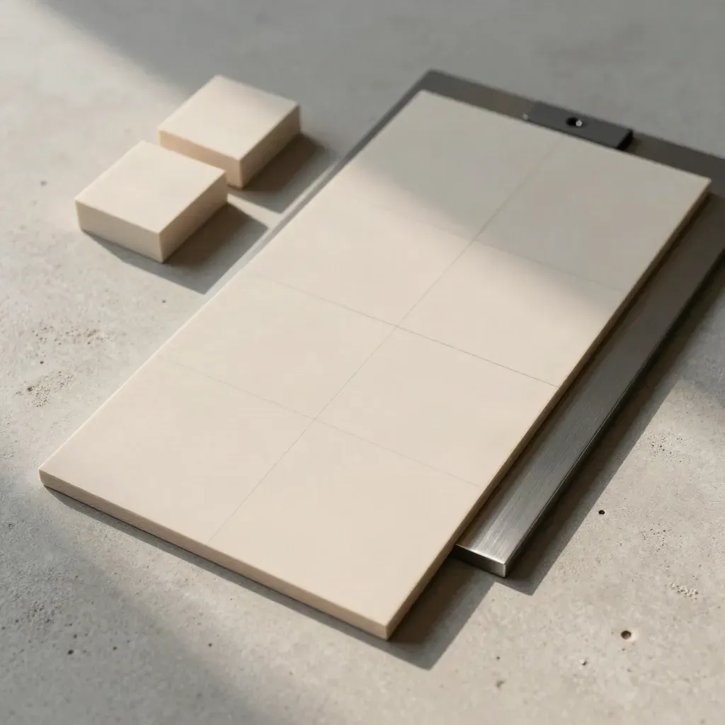 Flatlay atas konkrit dengan jubin aliran magnetik, papan grid kosong dan pembahagi logam nipis.