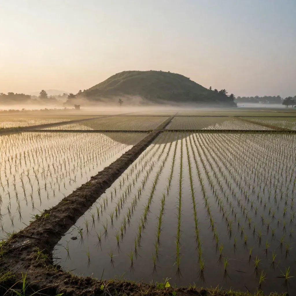 Sawah padi berkabus dengan bukit kecil di Kuala Selangor waktu fajar.