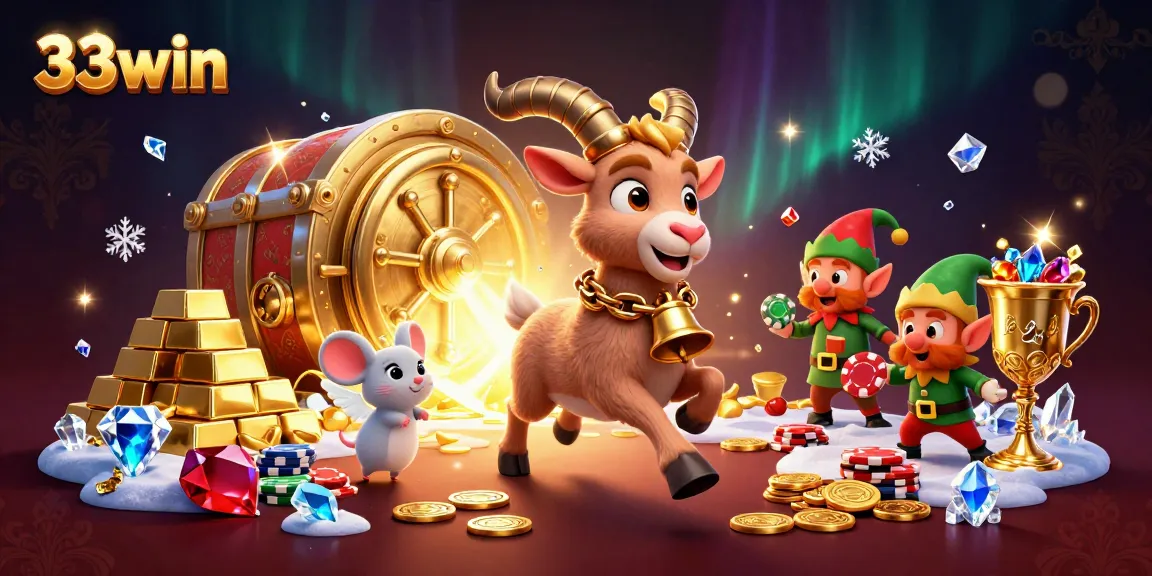Experience thrilling gaming action at 33win with a vibrant casino scene featuring character chaos and treasures.