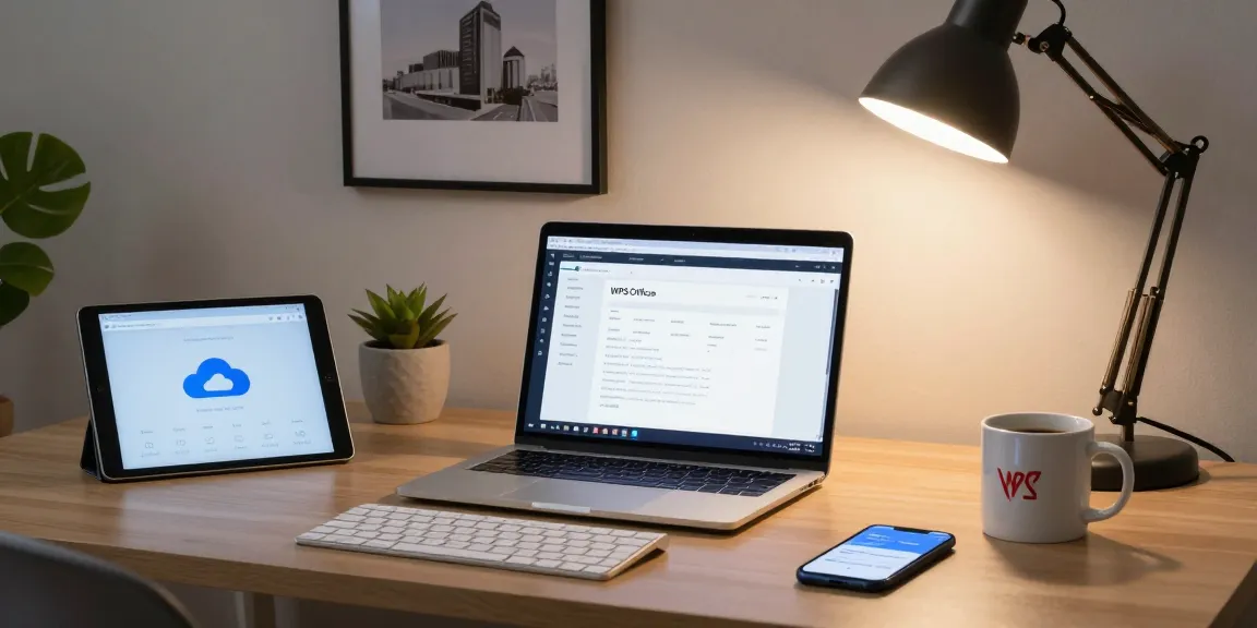 Workspace using WPS Official Website with modern tech setup featuring a laptop, tablet, and stylish decor.