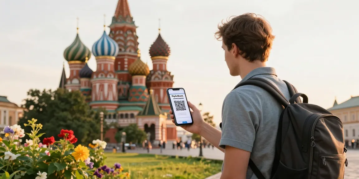 Penjelajah menggunakan aplikasi PayInRussia untuk pembayaran tanpa tunai di Rusia.