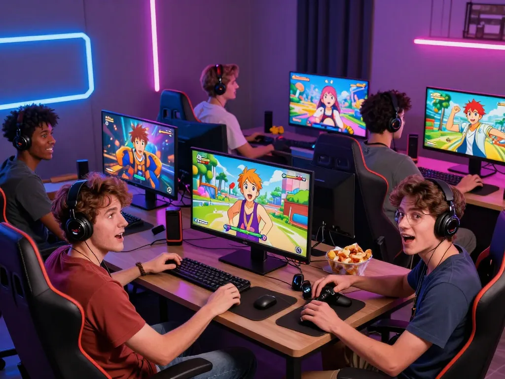 Exciting scene of diverse characters in gay porn games enjoying interactive multiplayer gaming.