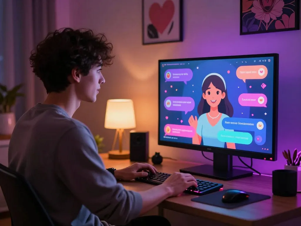 Cozy virtual room scene depicting an engaging ai sex chat with a customizable friendly avatar and interactive elements.