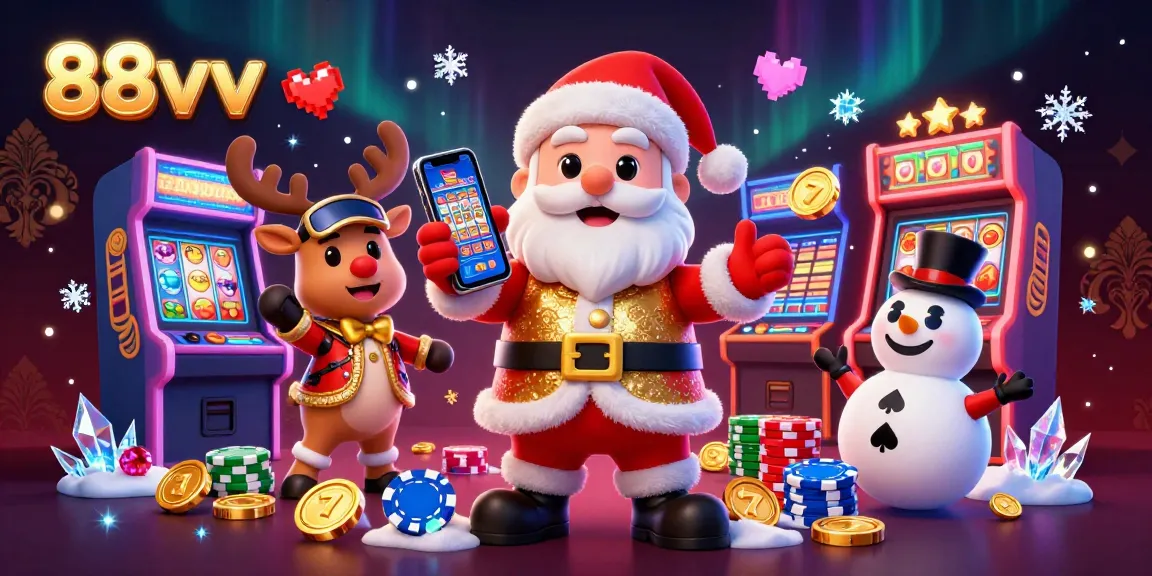 Spin the reels and win big at 88vv with Santa and friends in this vibrant casino scene.