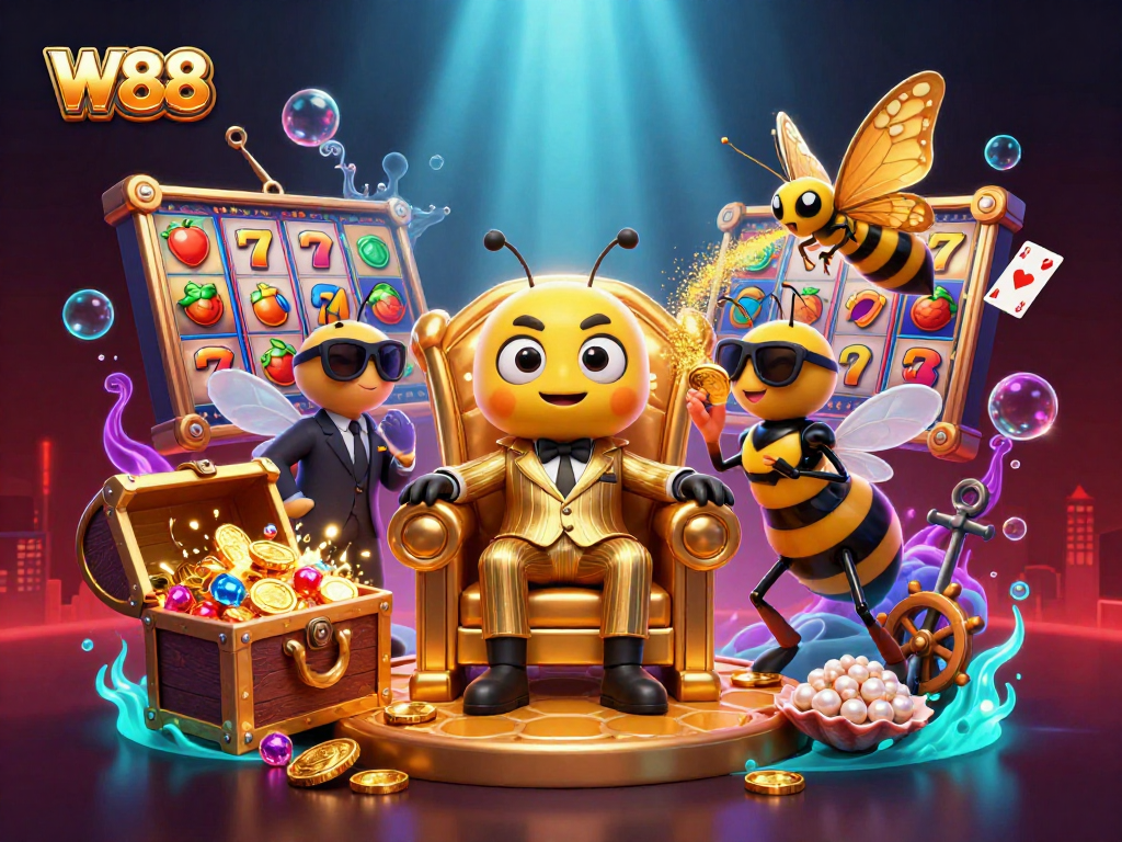Play slots and win at W88, featuring a vibrant illustration with a cartoon mob boss and exciting casino elements.