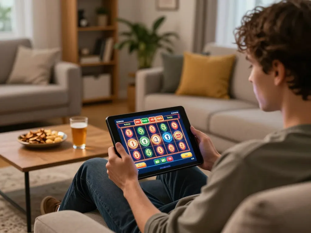 RR88 online gaming experience with a person enjoying slots on a tablet in a cozy home environment.