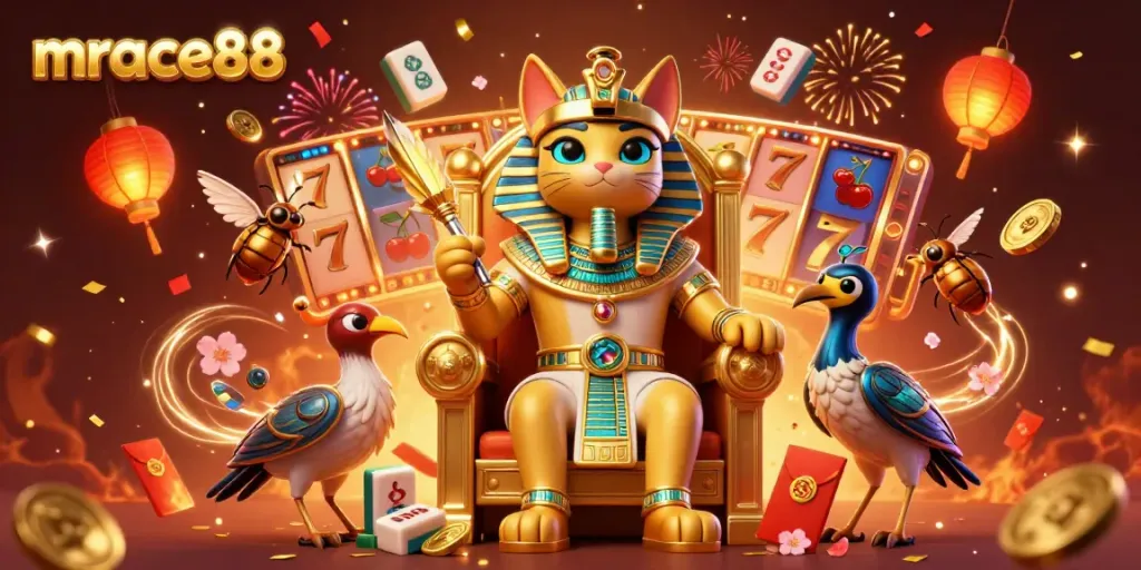 Engage with exciting mrace88 gaming through pharaoh-themed illustration with slots and vibrant elements.