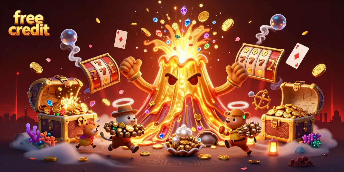 Claim free credit to unleash winnings with vibrant slot elements and treasure-filled volcano!