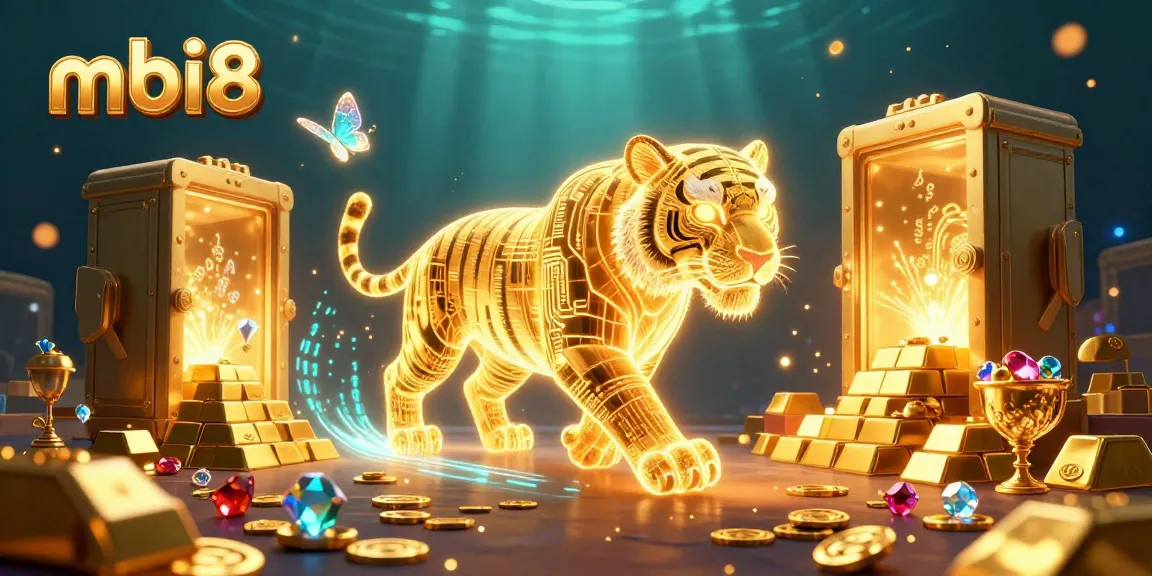 Mbi8's digital golden tiger prowls a vibrant casino, showcasing riches and thrilling winnings.