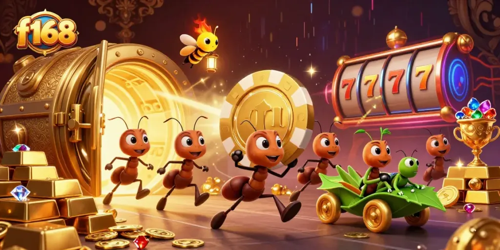 Engaging f168 illustration of ants heisting a giant poker chip with slot elements amidst gold treasures.
