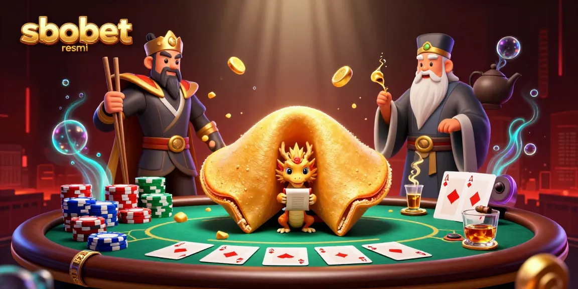 Engage with sbobet resmi's vibrant illustration showcasing gambling action with poker elements and fantastical characters.
