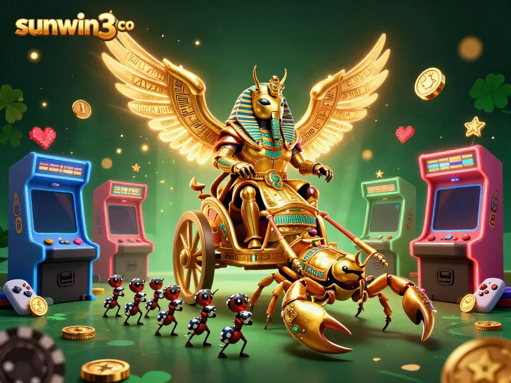 Engaging scene showcasing sunwin3 co with a golden scarab beetle and scorpions amid glowing casino elements.