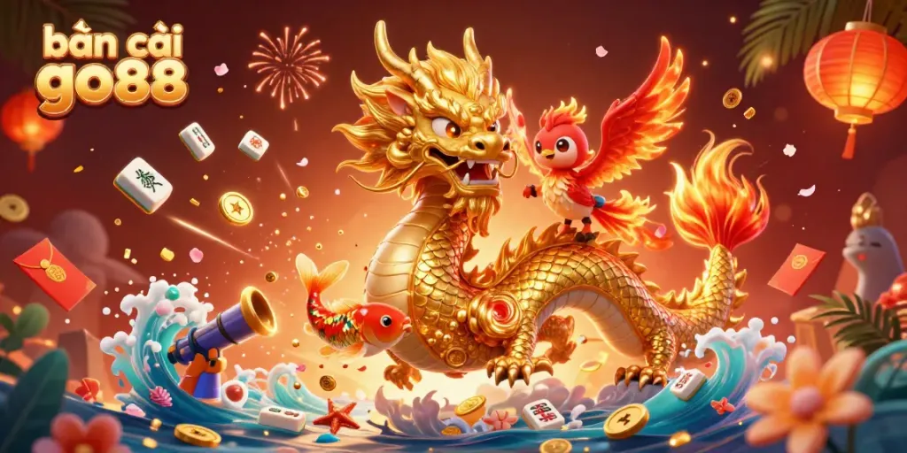 Engage in exciting bắn cá go88 action with a dynamic illustration featuring a golden dragon and vibrant sea creatures.