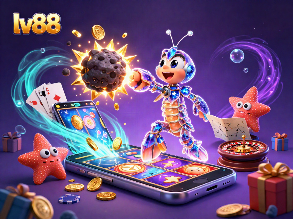 Experience the thrilling world of lv88 as a vibrant mantis shrimp battles through an asteroid of gold coins and casino games.