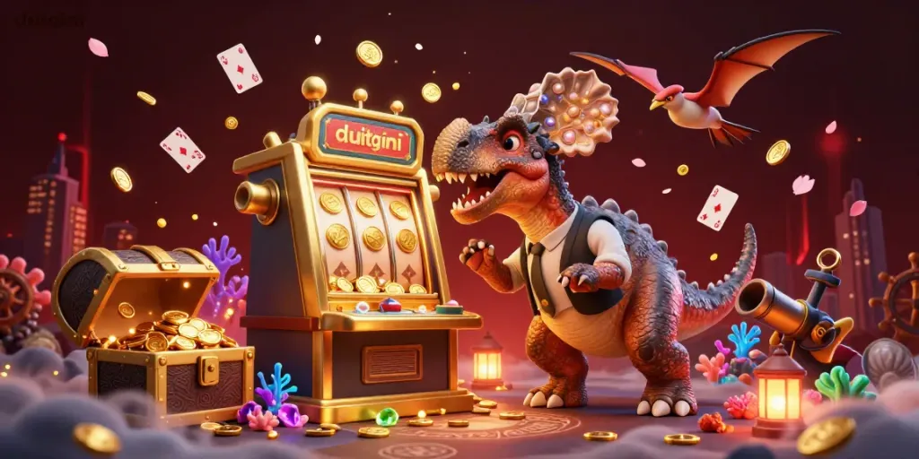Duitgini's bold 3D scene highlights a dinosaur triggering slot machine jackpots with dynamic elements.