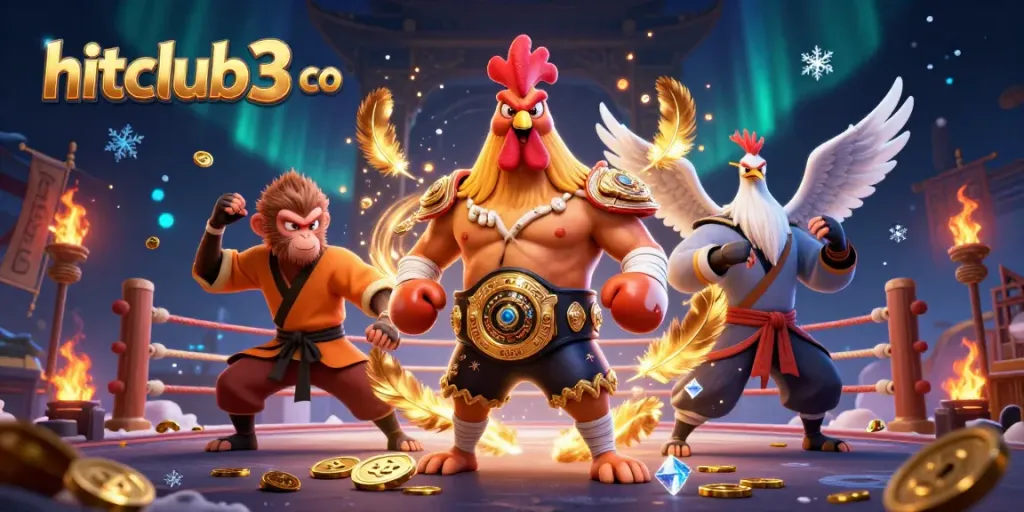 Bet big with hitclub3 co: A dynamic gambling scene featuring a Muay Thai rooster, Shaolin monkey, and crane master among casino elements.