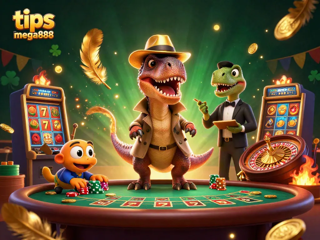 Engage with tips mega888 at an exciting casino scene featuring dynamic characters and vibrant game elements.