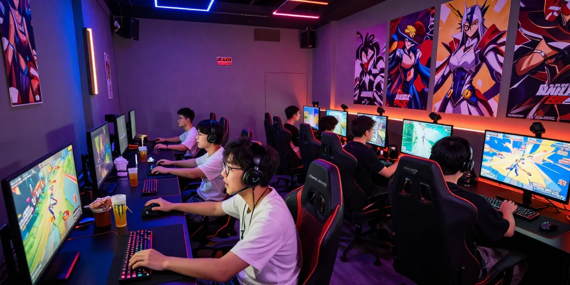 Gaming lounge filled with players enjoying hentaigame experiences, vibrant LED lights and action-packed atmosphere.