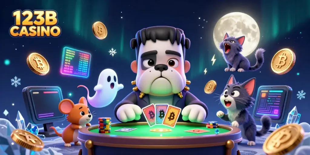 Engage in thrilling gaming action at 123B CASINO with whimsical characters and vibrant crypto elements.